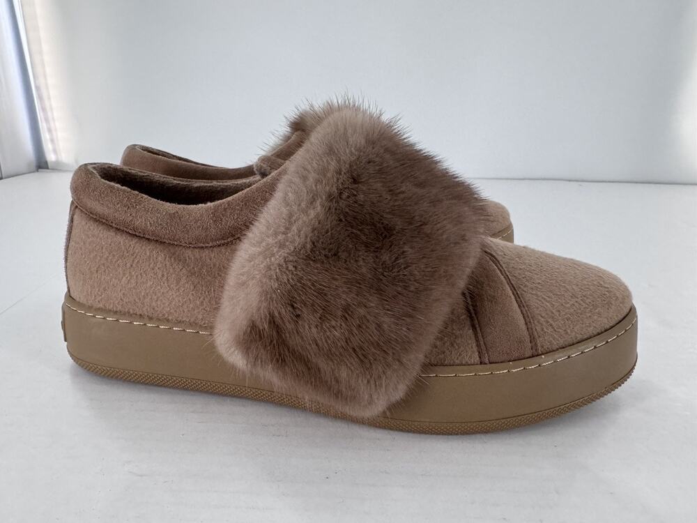 Max Mara Sneakers Mink Trim Cashmere Sz 41 US 10.5 Minimalist Luxury Slip On
